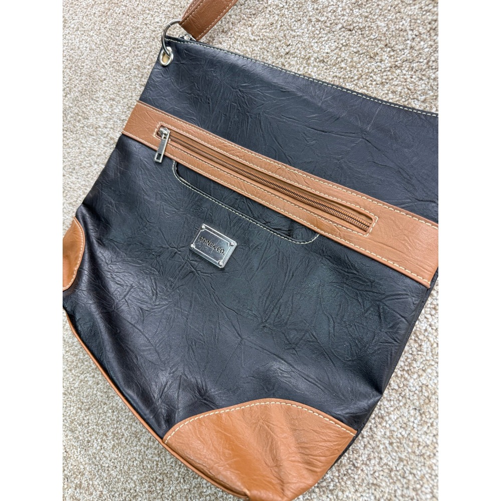 Stone & Co Black Tan Faux Leather‎ Crossbody Bag Silver Classic Earthy Pocket